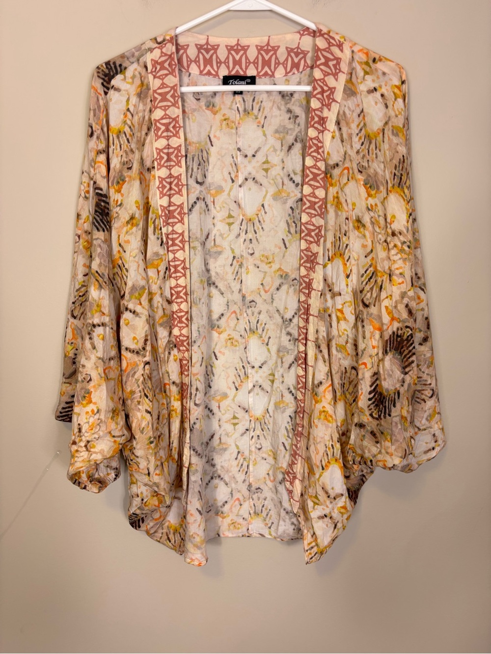Tolani Cream Patterned Open Front Kimono with Yellow/Orange O/S